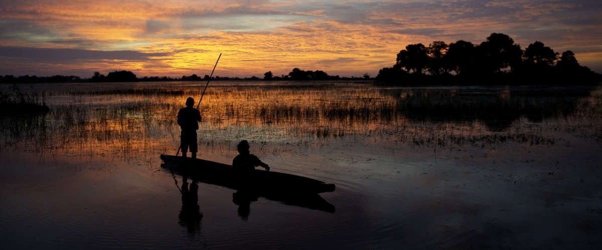 mokoro poler guiding safari guest on early morning Okavango game viewing by mokoro